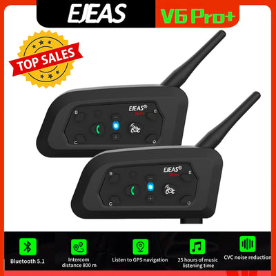 EJEAS V6 PRO+ Bluetooth Motorcycle Intercom 800M Range | Waterproof 6-Rider Headset | Helmet Speaker System