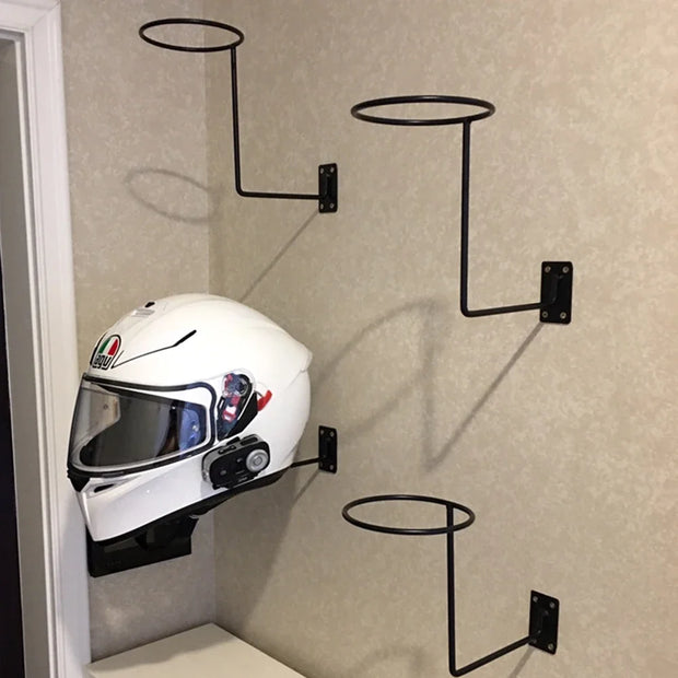 Wall-Mount Motorcycle Helmet Rack – Black Steel Holder for Hats, Helmets, Coats