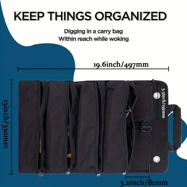 Heavy-Duty Roll-Up Tool Bag Organizer – 6 Detachable Pouches – Built for the Road