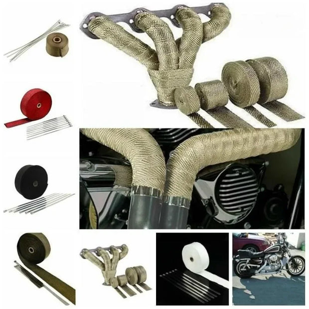 5M Fiberglass Exhaust Wrap Heat Shield Tape – Motorcycle Thermal Header Pipe Insulation with Stainless Steel Ties