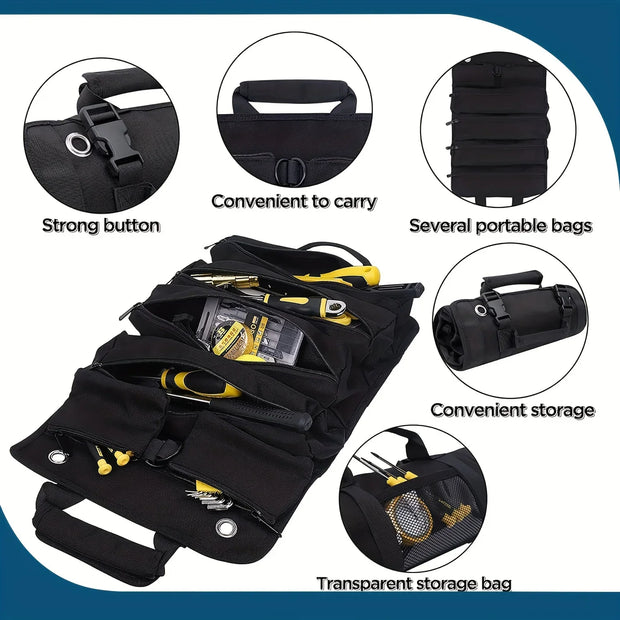 Heavy-Duty Roll-Up Tool Bag Organizer – 6 Detachable Pouches – Built for the Road