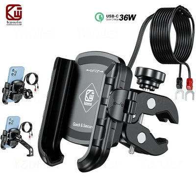 Motorcycle Phone Holder with 36W USB-C Fast Charging – Secure Handlebar Mount for Riders