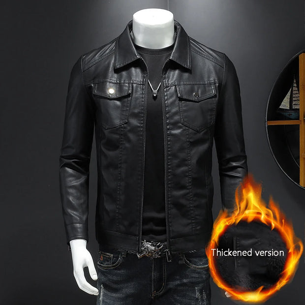 Men's PU Leather Motorcycle Jacket – Slim Fit, Waterproof, Thick/Thin Lined, Biker Style with Turn-Down Collar