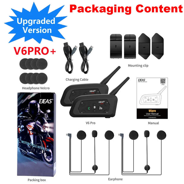 EJEAS V6 PRO+ Bluetooth Motorcycle Intercom 800M Range | Waterproof 6-Rider Headset | Helmet Speaker System