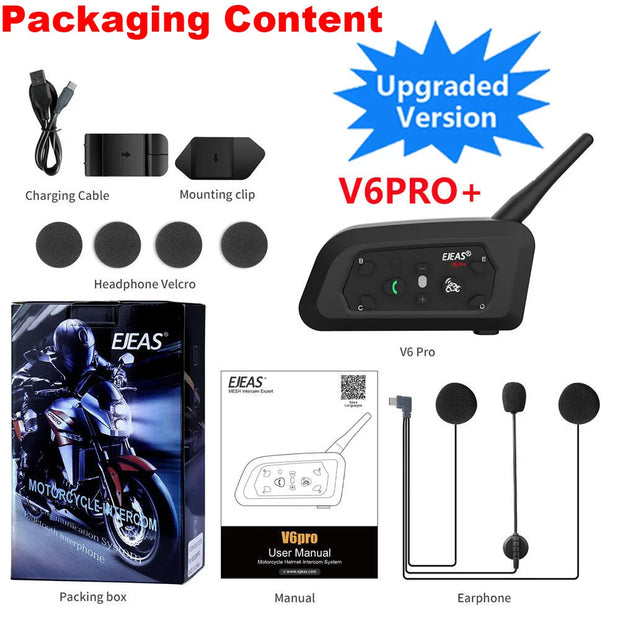 EJEAS V6 PRO+ Bluetooth Motorcycle Intercom 800M Range | Waterproof 6-Rider Headset | Helmet Speaker System