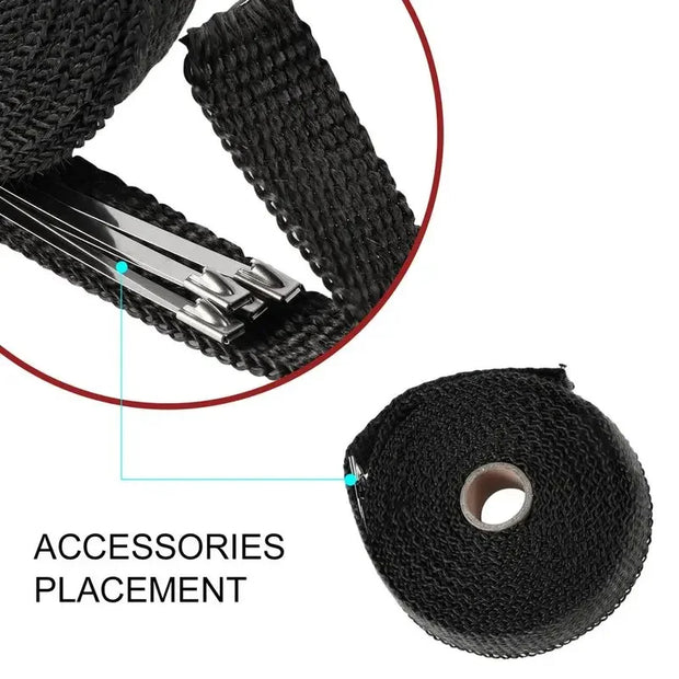 5M Fiberglass Exhaust Wrap Heat Shield Tape – Motorcycle Thermal Header Pipe Insulation with Stainless Steel Ties